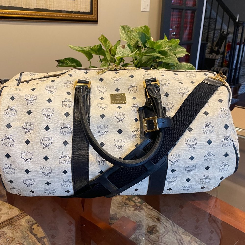 MCM White Visetos Barrel Duffle with Black Trim
